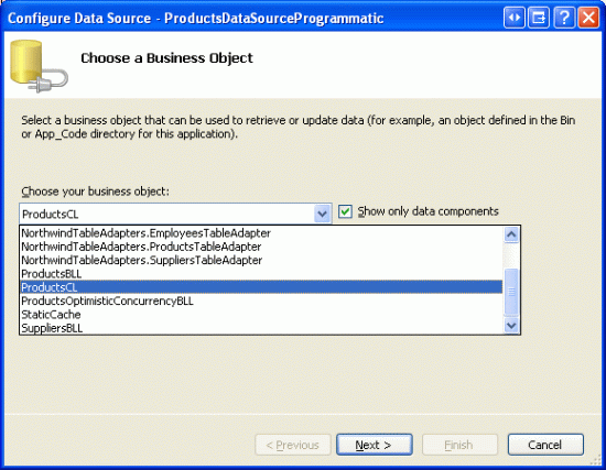 ProductsCL クラスを使用するように ObjectDataSource を構成する
