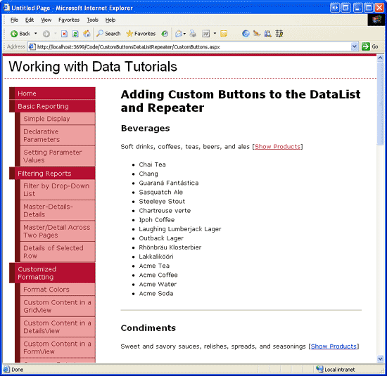 BulletedList は、選択したカテゴリの製品を表示するために使用されます。
