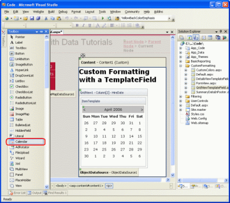 HireDate TemplateField の ItemTemplate に予定表コントロールを追加する