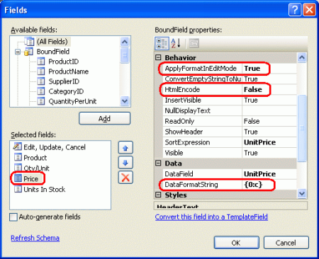 通貨として表示するように UnitPrice BoundField を構成する