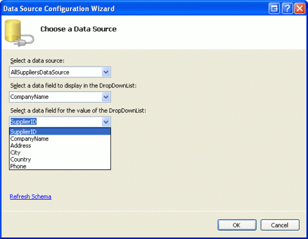 CompanyName および SupplierID データ フィールドを使用するように Suppliers DropDownList を構成する