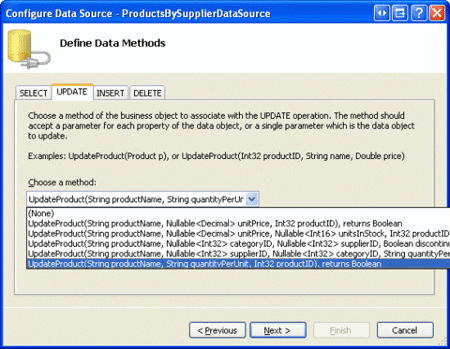 作成した UpdateProduct オーバーロードを使用するように ObjectDataSource を構成する