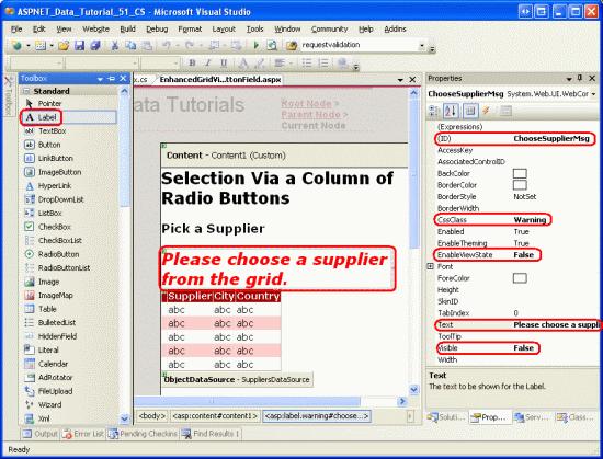 GridView の上にラベル Web コントロールを追加する