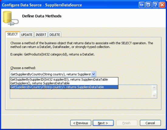 [SELECT] タブの [データ ソースの構成 - SuppliersDataSource] ウィンドウのスクリーンショット。メソッドのドロップダウン メニューが開いています。メソッド オプション GetSupplierByCountry が選択され、[次へ] ボタンが強調表示されています。