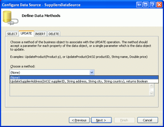 [更新] タブの [データ ソースの構成 - SuppliersDataSource] ウィンドウのスクリーンショット。メソッドのドロップダウン メニューが開いています。メソッド オプション (なし) が選択され、[次へ] ボタンが強調表示されています。