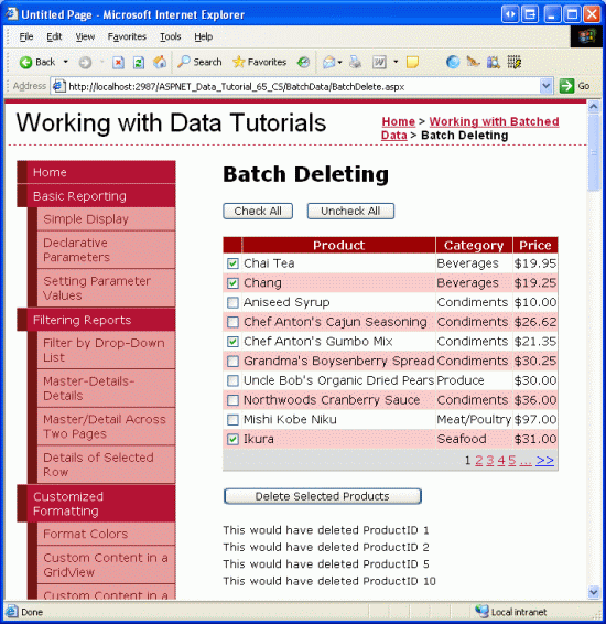 CheckBoxField.aspxからのインターフェイスがBatchDeleting.aspxに移動されました