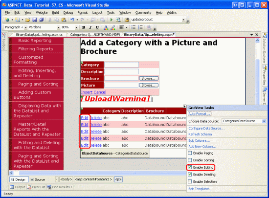 編集をサポートするように GridView を構成する