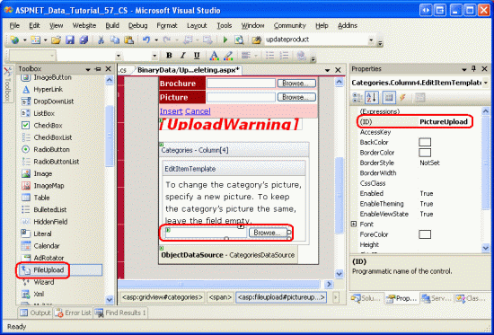 EditItemTemplate に FileUpload コントロールを追加する