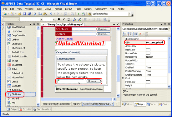 EditItemTemplate に FileUpload コントロールを追加する