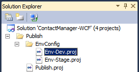 ソリューション エクスプローラー ウィンドウで、発行フォルダーを展開し、EnvConfig フォルダーを展開し、Env-Dev.proj をダブルクリックします。