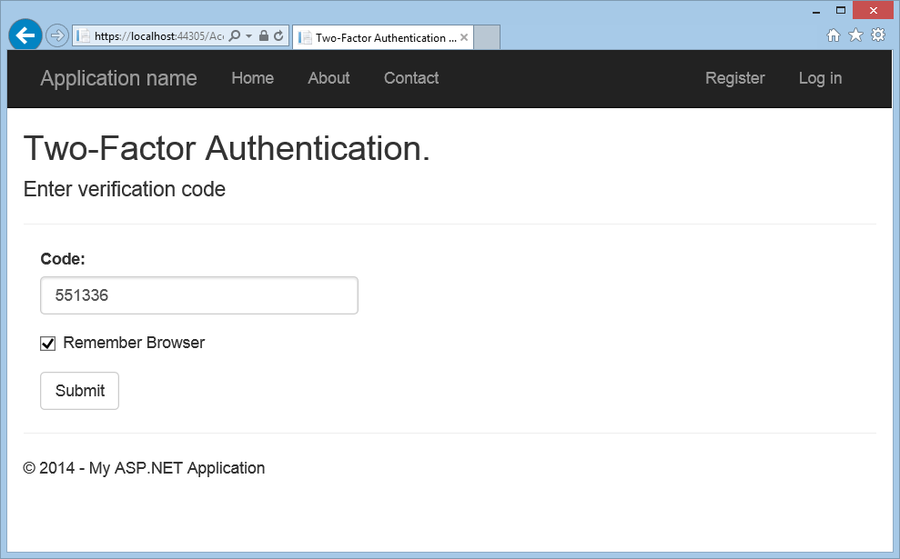 入力した確認コードと [送信] ボタンを含む [コード] フィールドを示す [Two-Factor 認証] ブラウザー ウィンドウのスクリーンショット。