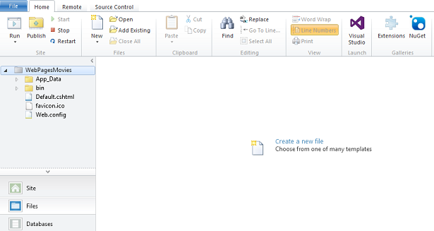WebMatrix のファイル ワークスペース