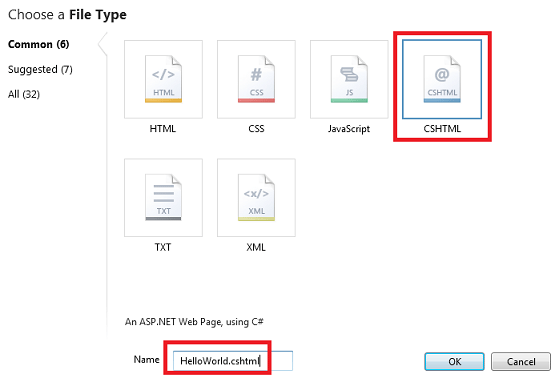 HelloWorld.cshtml という名前の新しい CSHTML ページの作成