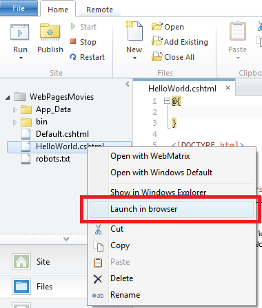 WebMatrix リボンの [実行] ボタンを使用してページを実行する