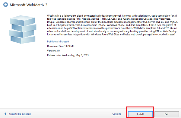 [インストール] ボタンが赤い四角形で強調表示されている Microsoft Web Matrix インストーラーを示す Web プラットフォーム インストーラーのスクリーンショット。