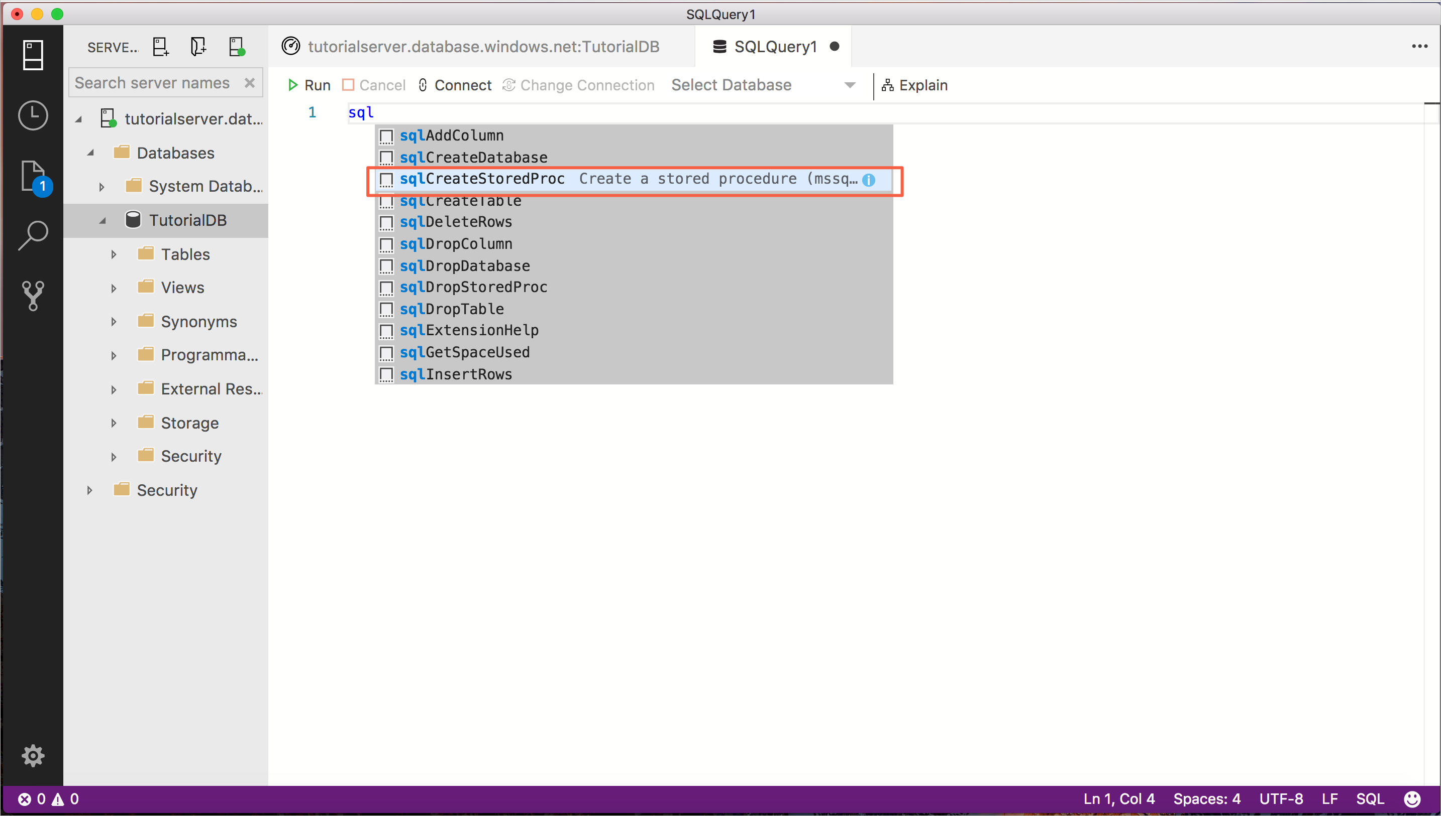 エディターでの sql 型のクエリ エディターで sqlCreateStoredProcedure オプションが強調表示されているスクリーンショット。
