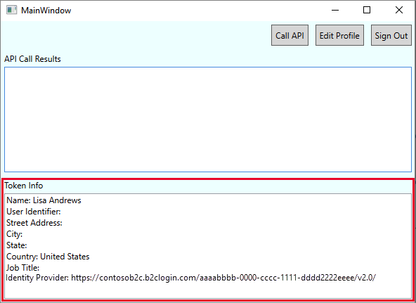 Azure AD B2C アクセス トークンとユーザー ID が強調表示されているスクリーンショット。