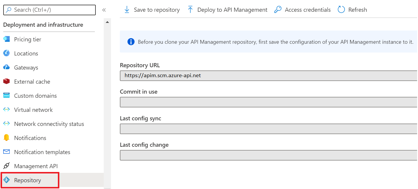 API Management の Git 構成へのアクセスの方法を示すスクリーンショット。