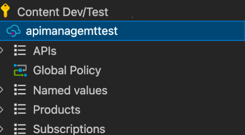 VS Code API Management 拡張機能ウィンドウで新しく作成された API Management インスタンス