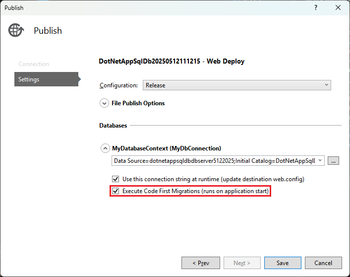 Azure アプリで Code First Migrations を有効にする