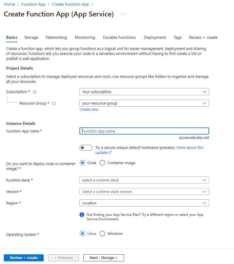 App Service プラン関数アプリを作成するための [基本] タブのスクリーンショット。