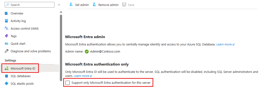 スクリーンショットは、サーバーに対して Microsoft Entra 認証のみをサポートするオプションを示しています。