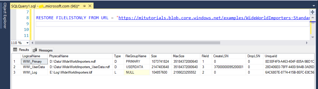 SSMS クエリ エディターを示すスクリーンショット。RESTORE FILELISTONLY ステートメントが表示されており、[結果] タブに 3 つのファイルが一覧表示されています。