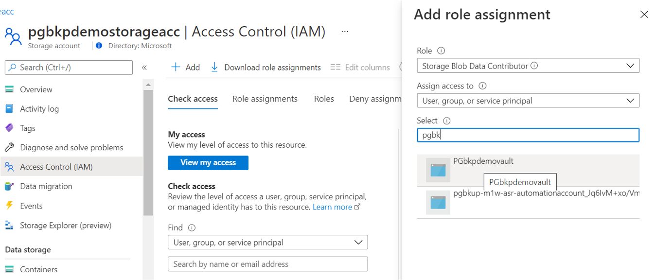 Azure portal でロールの割り当てを追加するための選択を示すスクリーンショット。