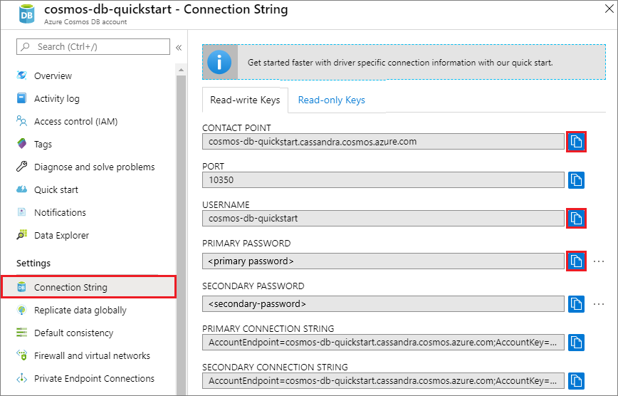 Azure portal の [接続文字列] ページからユーザー名を表示してコピー