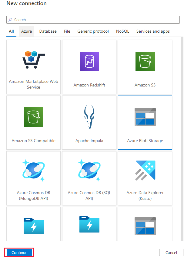 Azure Blog Storage を選択する