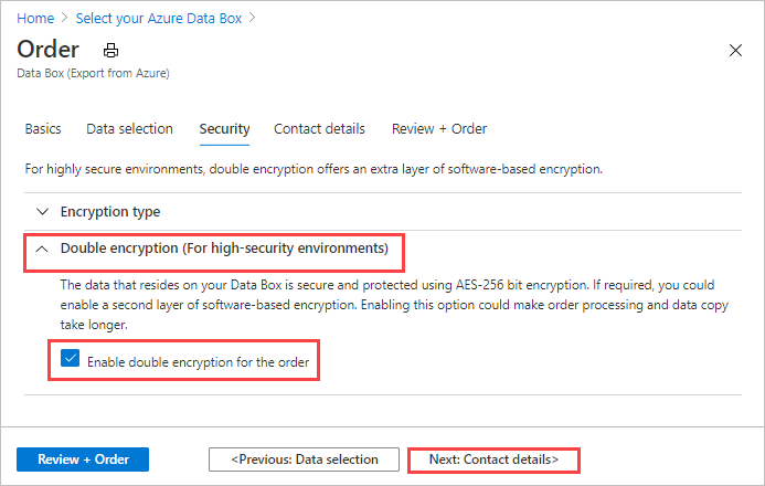 ダブル暗号化設定コントロールが展開された Data Box エクスポート注文の [セキュリティ] タブのデータ フィールドを示す画面キャプチャ。