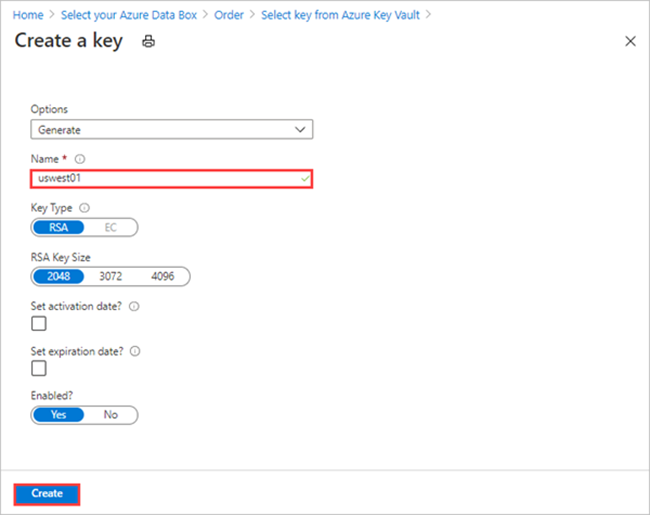 Data Box エクスポート注文の [セキュリティ] タブで、カスタマー マネージド キーを提供する新しい Azure Key Vault キーを作成するときの [新しいキー] オプションの画面キャプチャ。