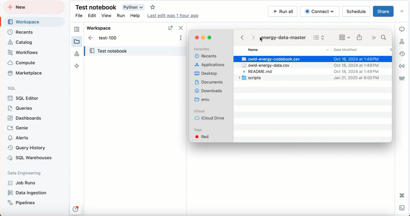 ノートブック エディターからワークスペース ファイル ブラウザーのサイド パネルでファイルをドラッグ アンド ドロップします。