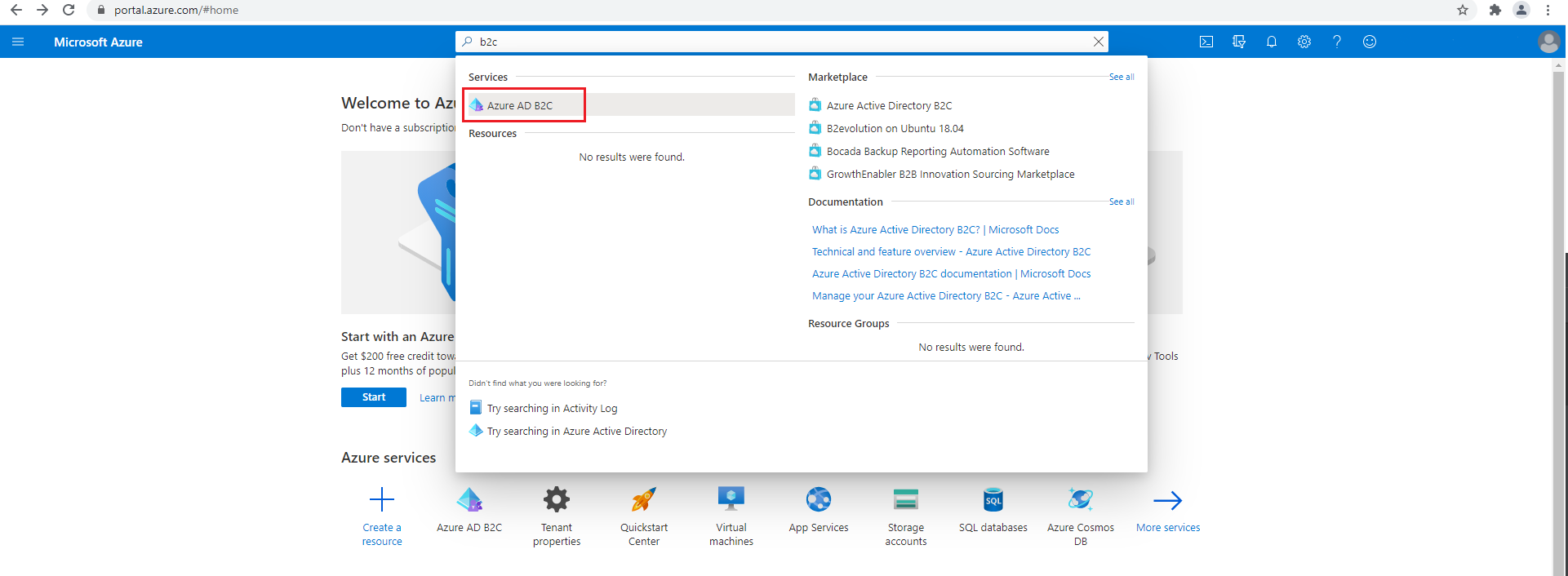 Azure AD B2C サービスを見つけます。