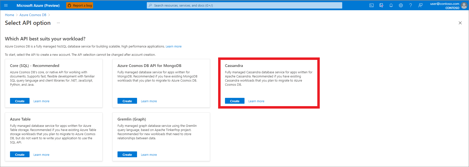 、リソースを作成し、API オプションを選択し、Cassandra を選択します。