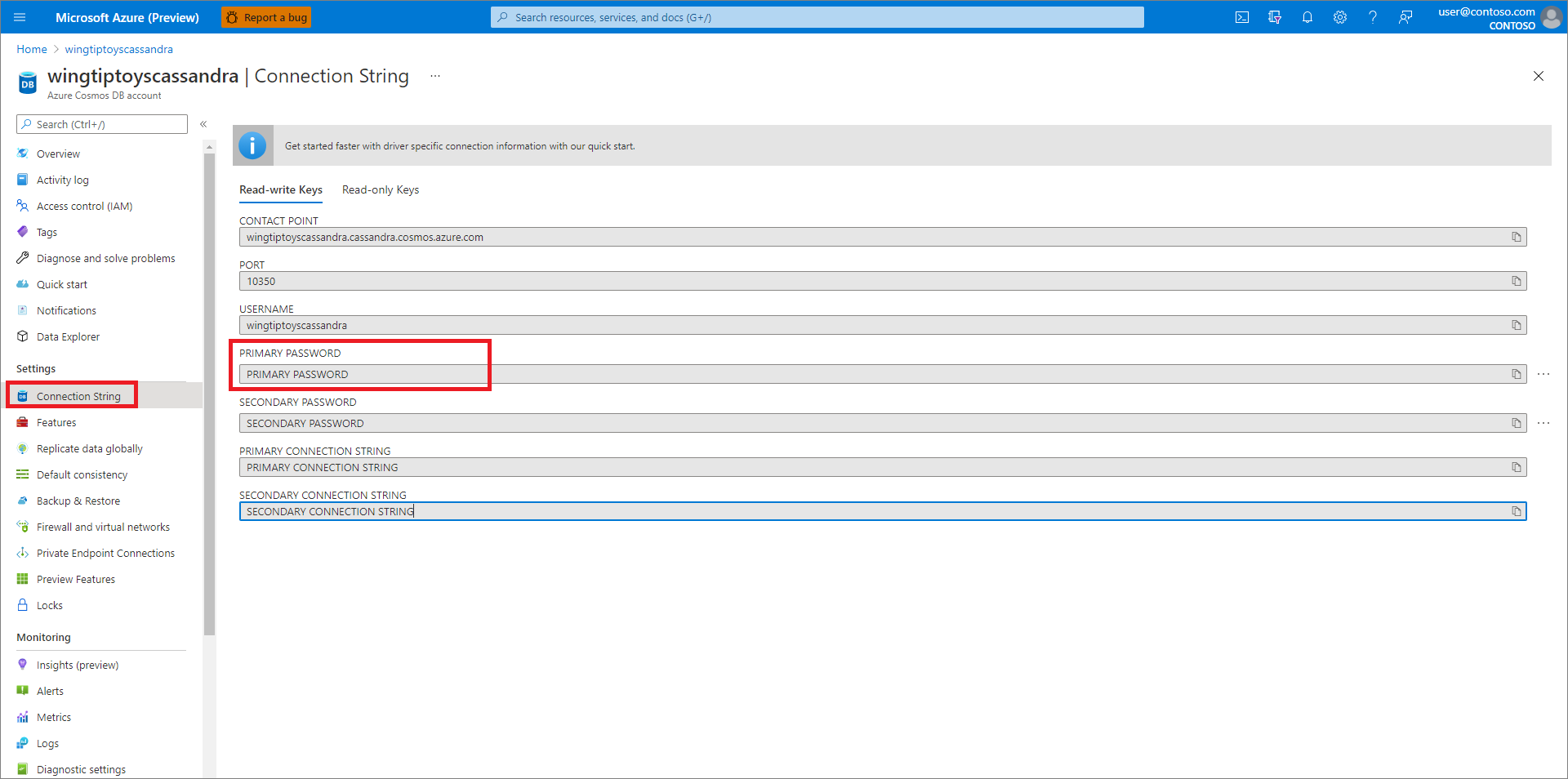 Azure Cosmos DB 接続設定を取得します。