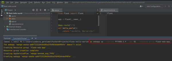 Web アプリをデプロイする Azure CLI コマンドが表示された PyCharm IDE のスクリーンショット。