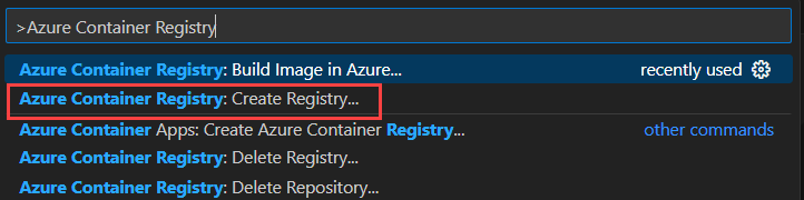 Visual Studio Code で新しい Azure Container Registry インスタンスを作成するタスクを検索する方法を示すスクリーンショット。