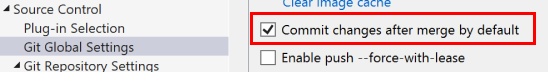 Visual Studio の [オプション] ダイアログ ボックスで、既定でマージ後に変更をコミットするチェック ボックスを示すスクリーンショット。