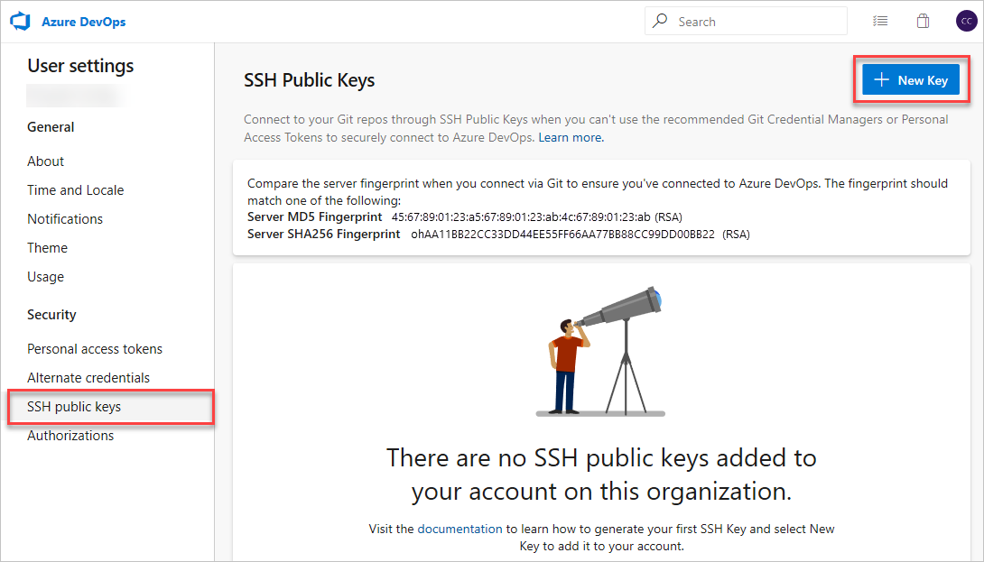 Azure DevOps のセキュリティ構成へのアクセスを示すスクリーンショット。