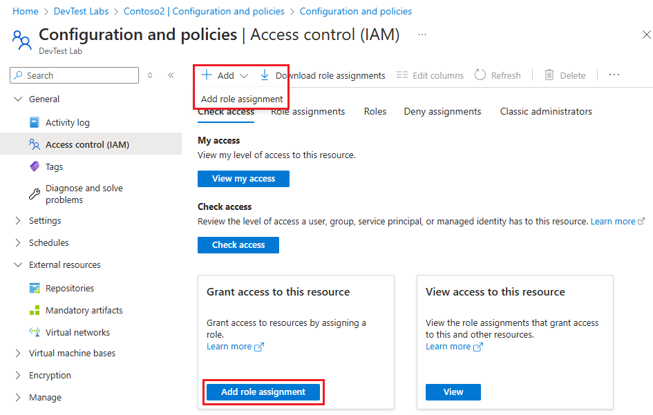 ロールの割り当てメニューが開いているアクセス制御 (IAM) ページを示すスクリーンショット。