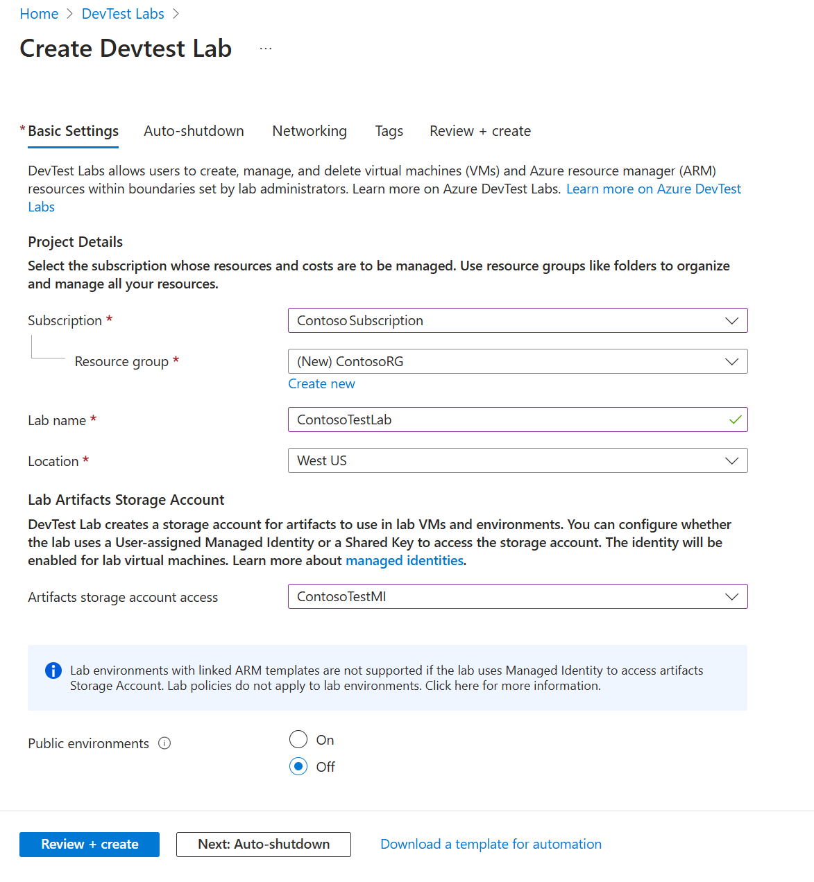 [DevTest Labs の作成] フォームの [基本設定] タブのスクリーンショット。