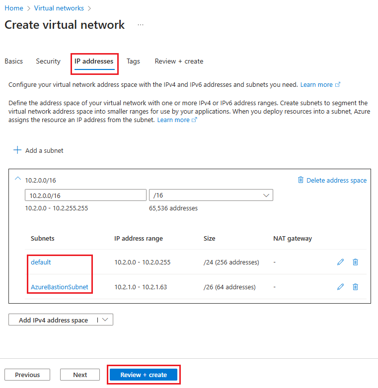 AzureBastionSubnet サブネットの作成を示すスクリーンショット。