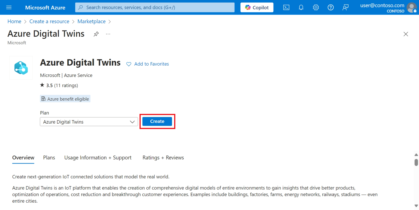 Azure Digital Twins サービス ページの [作成] ボタンが強調表示されている Azure portal のスクリーンショット。