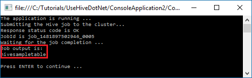 HDInsight Hadoop Hive ジョブの出力。