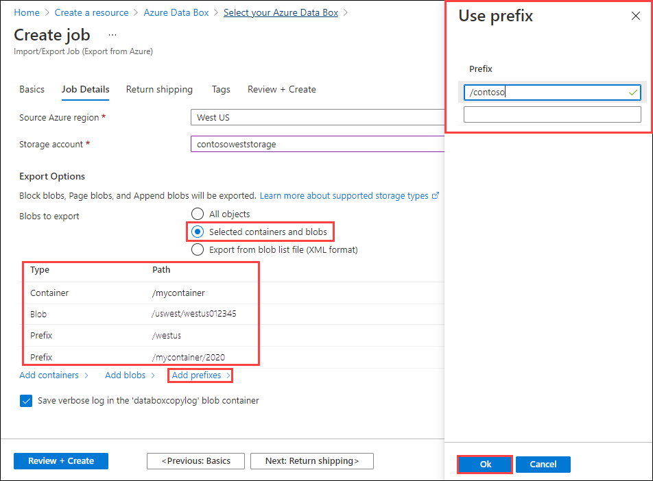 ポータルで新しい Azure Import/Export エクスポート ジョブ用に選択されたコンテナーと BLOB を示すスクリーンショット。