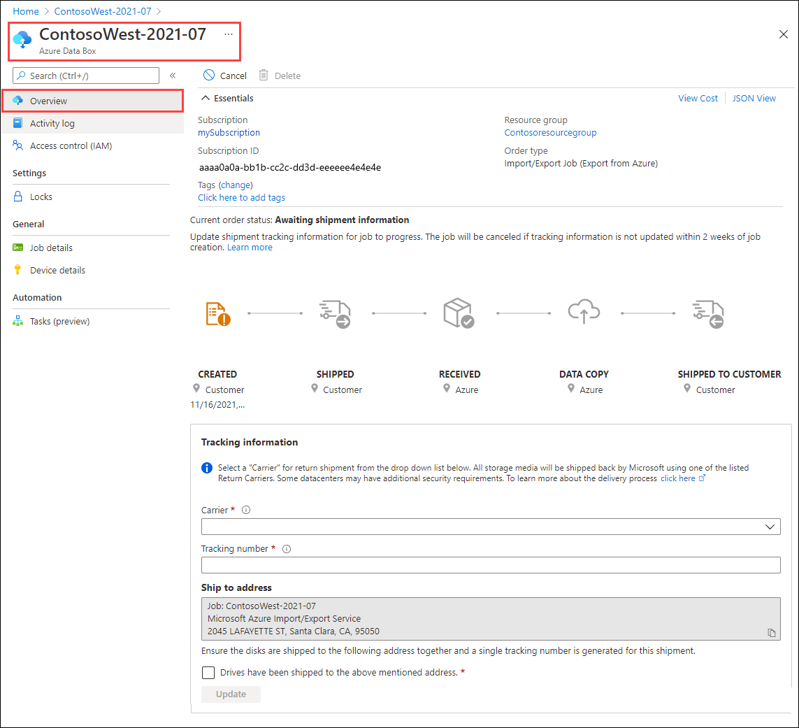 ポータルの [作成済み] 状態の Azure Import Export ジョブの [概要] ウィンドウを示すスクリーンショット。