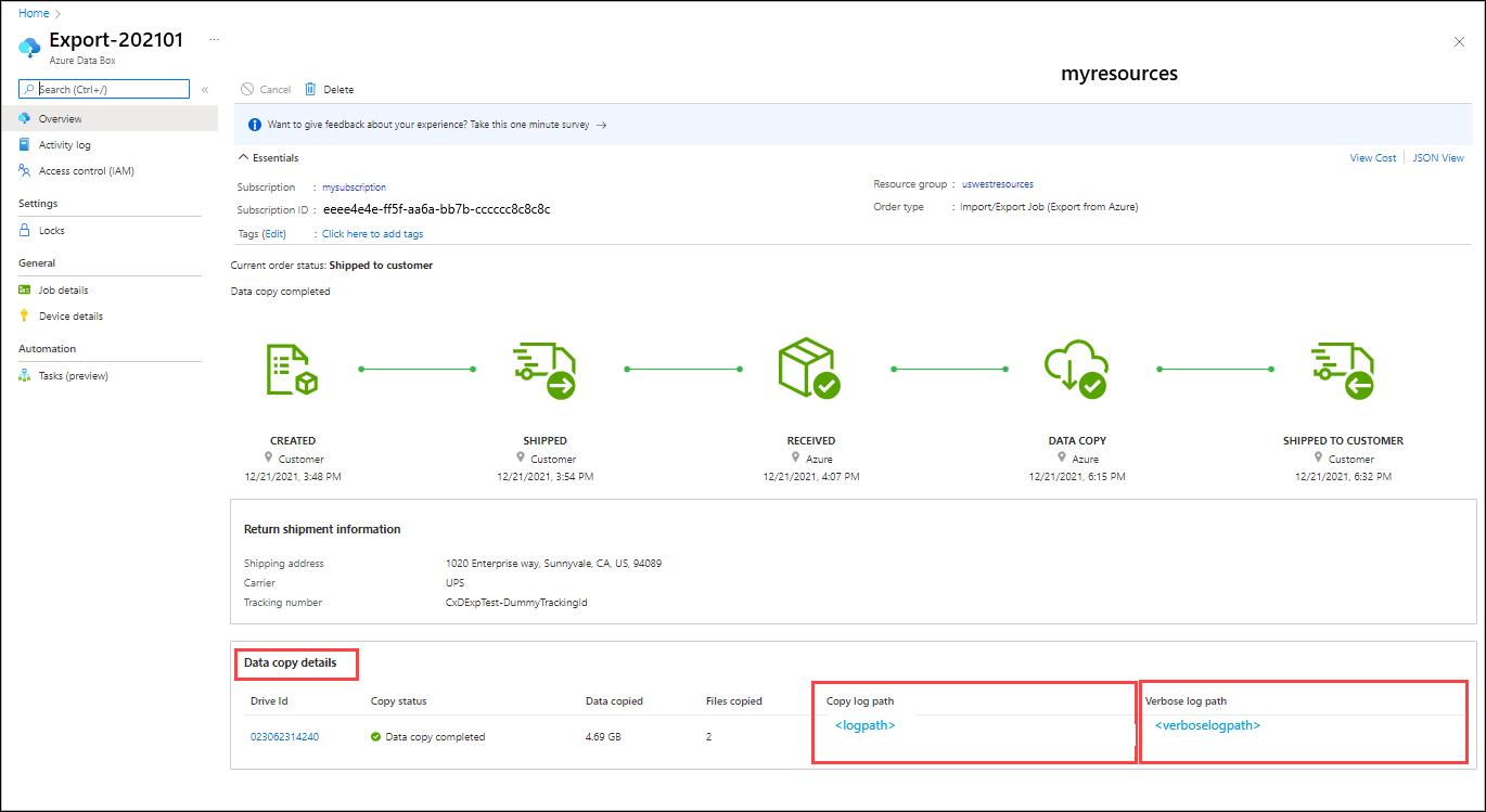 Azure Import Export で完了したエクスポート ジョブを示すスクリーンショット。[データ コピーの詳細] で、[ログ パスのコピー] と [詳細ログ パス] が強調表示されています。