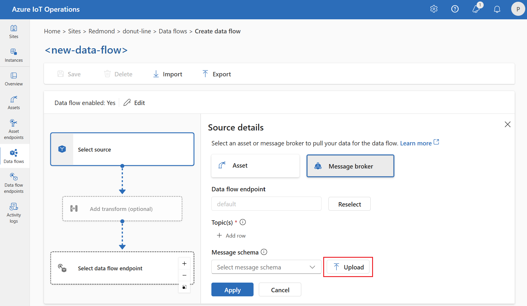 操作エクスペリエンス Web UI でのメッセージ スキーマのアップロードを示すスクリーンショット。
