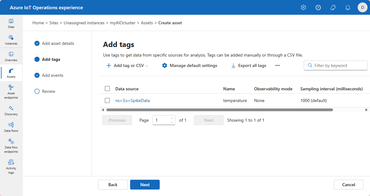 Azure IoT Operations の [タグの追加] ページのスクリーンショット。